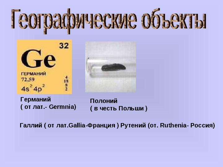 Германий ( от лат.- Germnia) Полоний ( в честь Польши ) Галлий ( от лат. Gallia- Франция ) Рутений (от. Ruthenia - Россия)