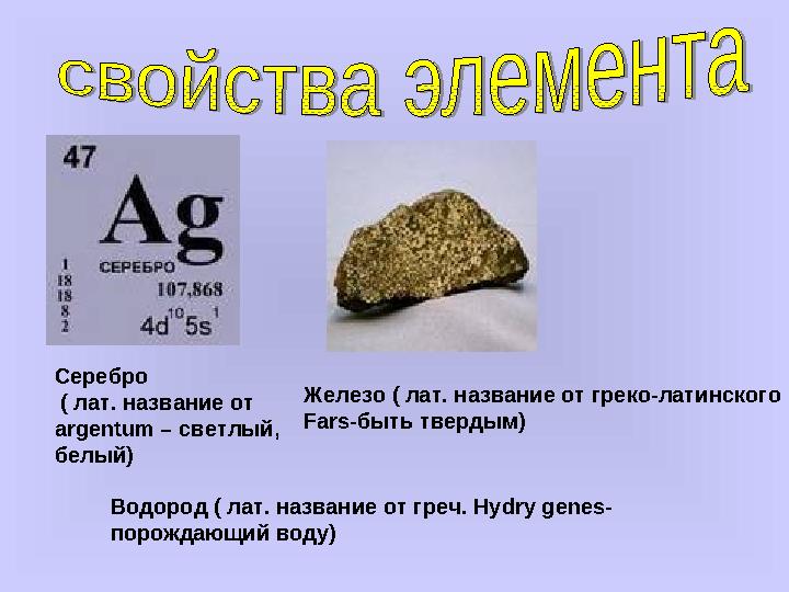 Серебро ( лат. название от argentum – светлый, белый) Железо ( лат. название от греко-латинского Fars -быть твердым) Водоро