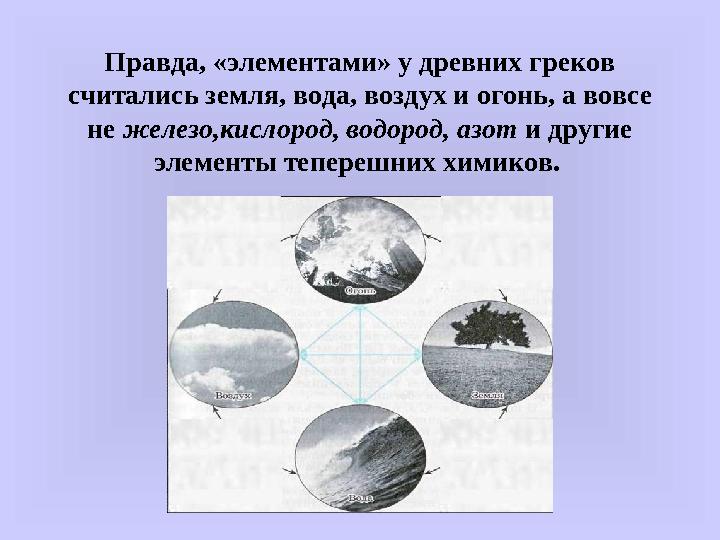 Правда, «элементами» у древних греков считались земля, вода, воздух и огонь, а вовсе не железо,кислород, водород, азот и дру