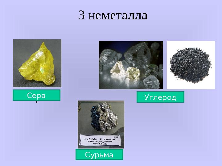 3 неметалла сераСера Сурьма Углерод