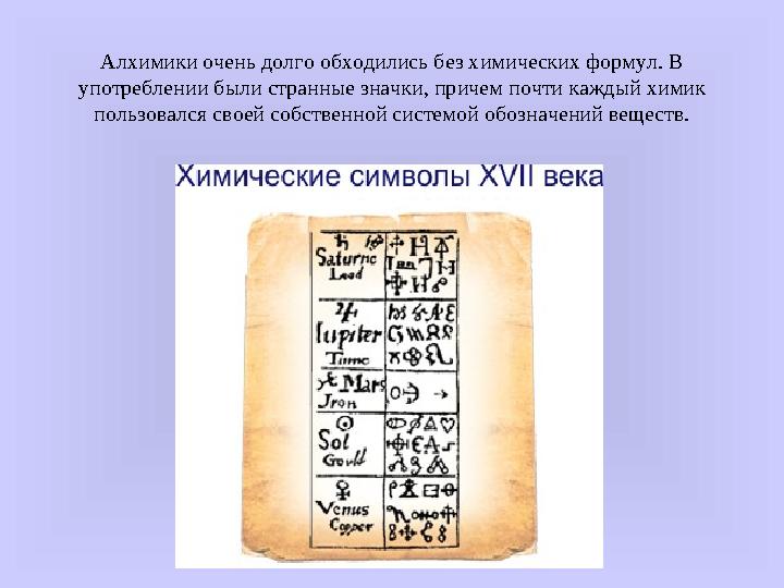 Алхимики очень долго обходились без химических формул. В употреблении были странные значки, причем почти каждый химик пользова