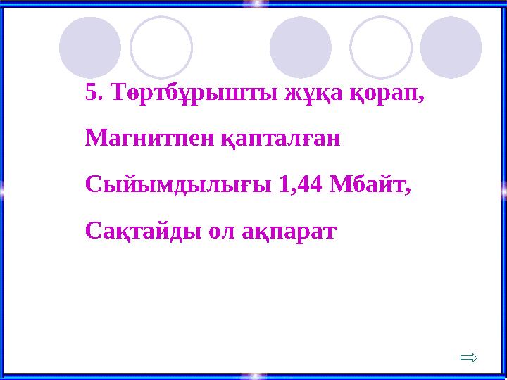 5. Төртбұрышты жұқа қорап, Магнитпен қапталған Сыйымдылығы 1,44 Мбайт, Сақтайды ол ақпарат