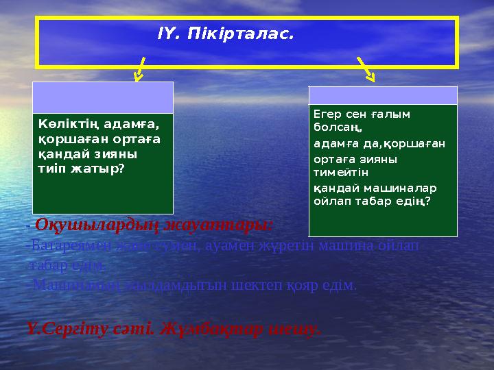 - Оқушылардың жауаптары: -Батареямен және сумен, ауамен жүретін машина ойлап табар едім. -Машинаның жылдамдығын шектеп қояр еді