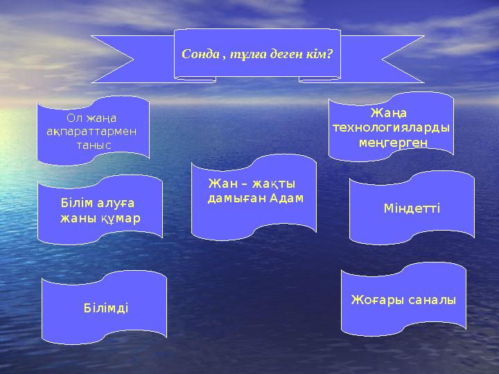 Сонда , тұлға деген кім? Ол жаңа ақпараттармен таныс Міндетті Білім алуға жаны құмар Жаңа технологияларды меңгерген Жан – ж