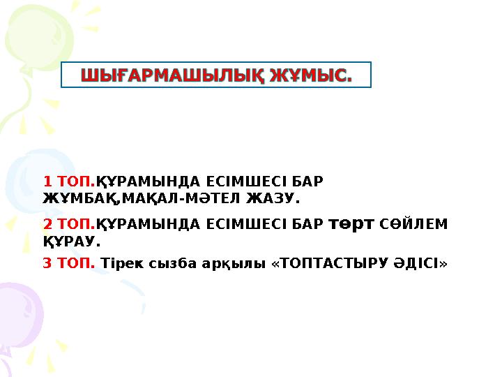1 ТОП.ҚҰРАМЫНДА ЕСІМШЕСІ БАР ЖҰМБАҚ,МАҚАЛ-МӘТЕЛ ЖАЗУ. 2 ТОП.ҚҰРАМЫНДА ЕСІМШЕСІ БАР төрт СӨЙЛЕМ ҚҰРАУ. 3 ТОП. Тірек сызба ар 1 ТОП.ҚҰРАМЫНДА ЕСІМШЕСІ БАР ЖҰМБАҚ,МАҚАЛ-МӘТЕЛ ЖАЗУ. 2 ТОП.ҚҰРАМЫНДА ЕСІМШЕСІ БАР төрт СӨЙЛЕМ ҚҰРАУ. 3 ТОП. Тірек сызба ар