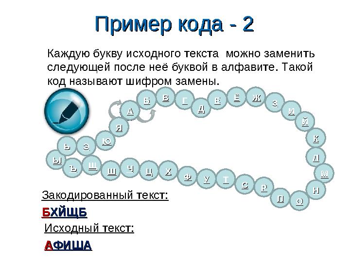 Каждую букву исходного текста можно заменить следующей после неё буквой в алфавите. Такой код называют шифром замены. Закоди