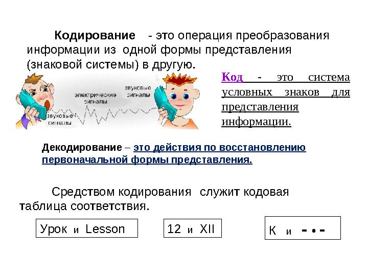 Кодирование - это операция преобразования информации из одной формы представления (знаковой системы) в другую. Средством коди