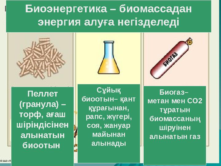 Биоэнергетика – биомассадан энергия алуға негізделеді Пеллет (гранула) – торф, ағаш шіріндісінен алынатын биоотын Сұйық
