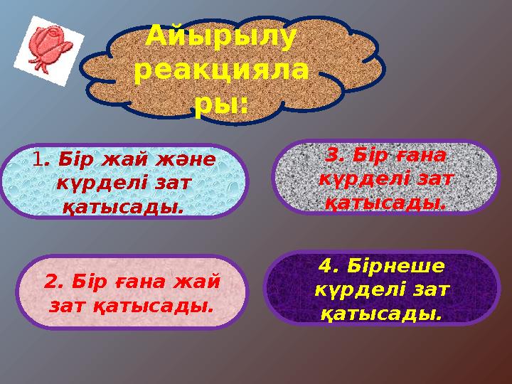 Айырылу реакцияла ры: 1 . Бір жай және күрделі зат қатысады. 2. Бір ғана жай зат қатысады. 3. Бір ғана күрделі зат қатысад