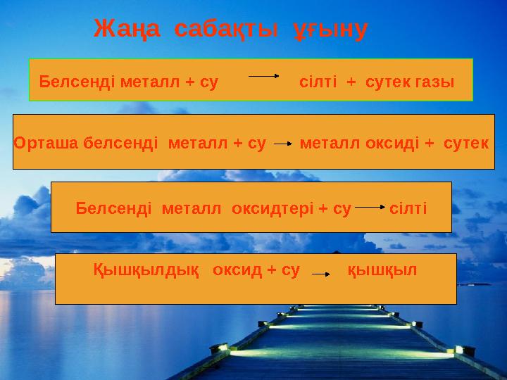 Жаңа сабақты ұғыну Белсенді металл + су сілті + сутек газы Орташа белсенді металл + су металл оксид