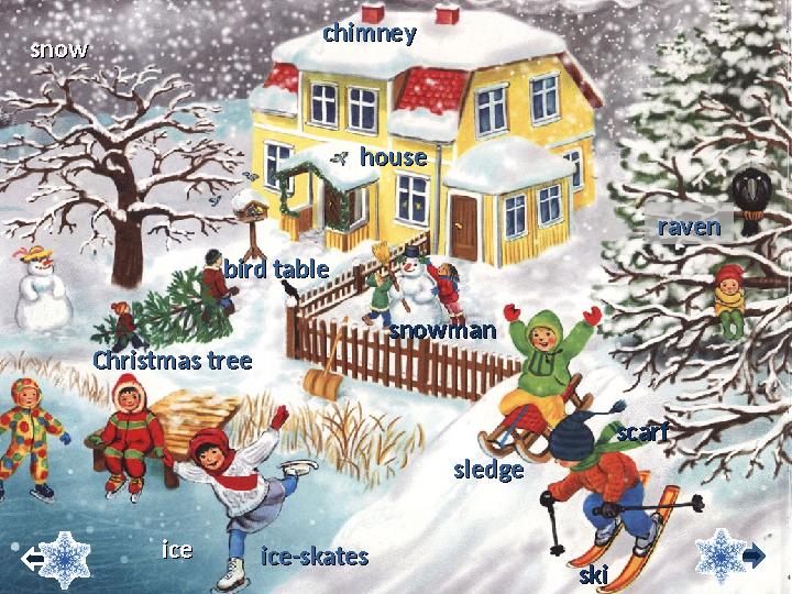 snowmansnowman househouse ССhristmas treehristmas tree iceice bird tablebird table ice-skatesice-skates chimneychimney ravenrav