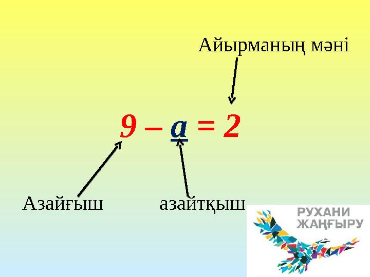9 – а = 2 Айырманың мәні Азайғыш азайтқыш