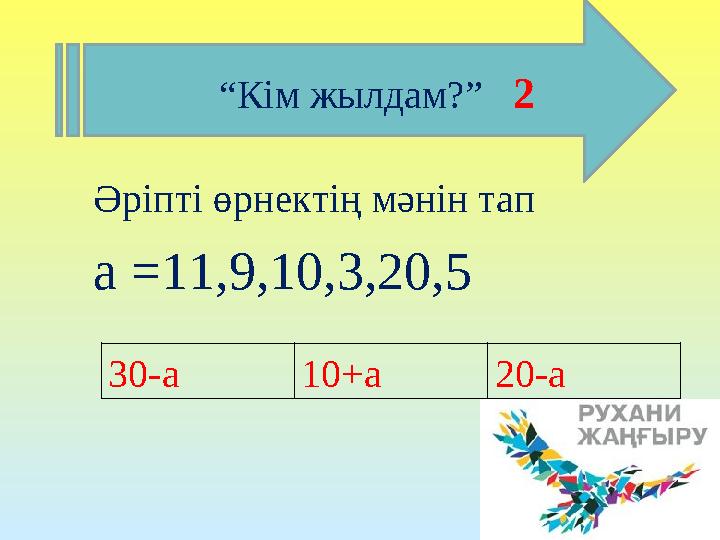 “Кім жылдам?” 2 30-а 10+а 20-а Әріпті өрнектің мәнін тап а =11,9,10,3,20,5