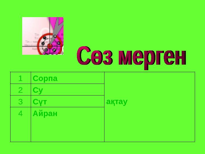 1Сорпа ақтау 2Су 3Сүт 4Айран