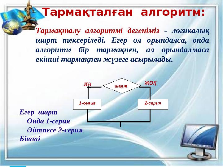 шарт 1-серия 2-серия ИӘ ЖОҚ Егер шарт Онда 1-серия Әйтпесе 2-серия Бітті Тармақталу алгоритмі дегеніміз