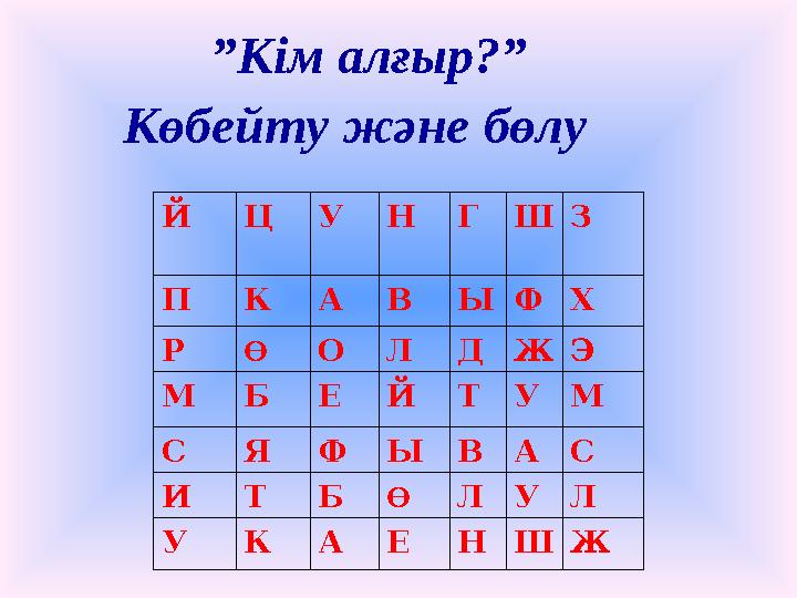 ”Кім алғыр?” Й ЦУНГШЗ П КАВЫФХ Р ӨОЛДЖЭ М БЕЙТУМ С ЯФЫВАС И ТБӨЛУЛ У КАЕНШЖ Көбейту және бөлу