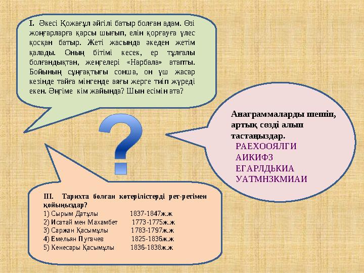 І. Әкесі Қожағұл әйгілі батыр болған адам. Өзі жоңғарларға қарсы шығып, елін қорғауға үлес қосқан батыр. Жеті жасынд