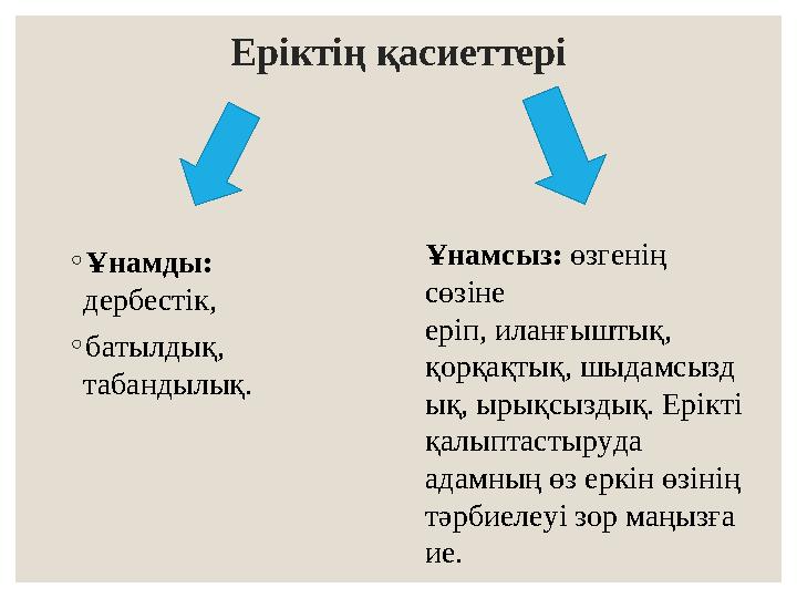 Еріктің қасиеттері ◦Ұнамды: дербестік, ◦батылдық, табандылық. Ұнамсыз: өзгенің сөзіне еріп, иланғыштық, қорқақтық, шыдамсы