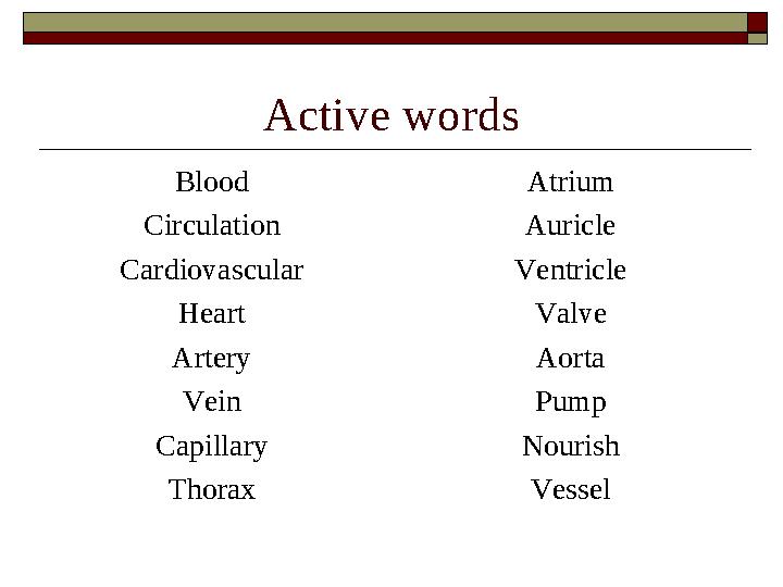 Active words Blood Circulation Cardiovascular Heart Artery Vein Capillary Thorax Atrium Auricle Ventricle Valve Aorta Pump Nouri