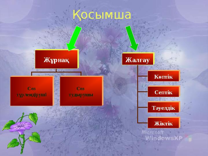 Қосымша Жұрнақ Жұрнақ Сөз түрлендіруші Сөз түрлендіруші Сөз тудырушы Сөз тудырушы Жалғау Жалғау Көптік Көптік Тәуелдік Тәуел