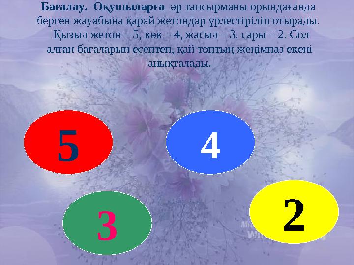 Бағалау. Оқушыларға әр тапсырманы орындағанда берген жауабына қарай жетондар үрлестіріліп отырады. Қызыл жетон – 5, көк –