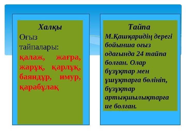 Халқы Оғыз тайпалары: қалаж, жағра, жарұқ, қарлұқ, баяндұр, имур, қарабұлақ Тайпа М.Қашқаридің дерегі бойынша оғыз од