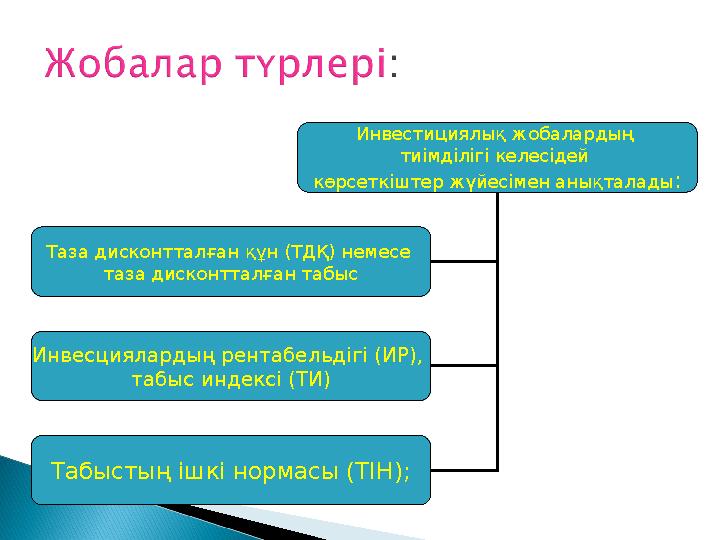 Инвестициялық жобалардың тиімділігі келесідей көрсеткіштер жүйесімен анықталады : Таза дисконтталған құн (ТДҚ) немесе таза ди