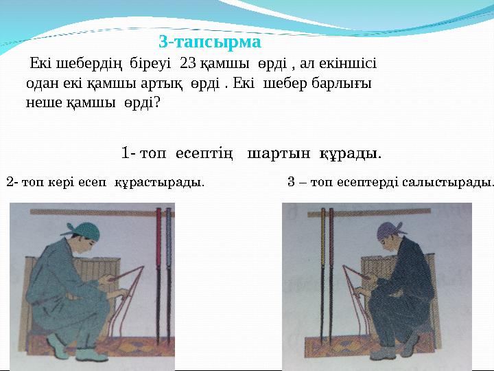3 – топ есептерді салыстырады. 1- топ есептің шартын құрады. 2- топ кері есеп құрастырады. 3-тапсырма Екі шебердің біре