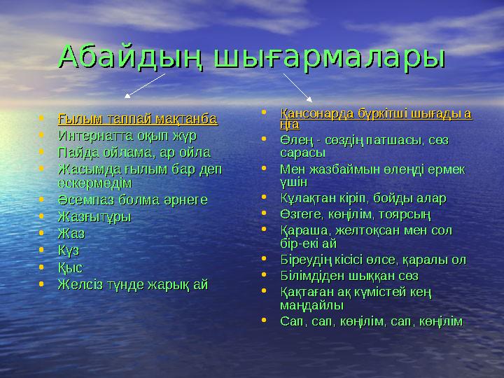 Абайдың шығармаларыАбайдың шығармалары •Ғылым таппай мақтанбаҒылым таппай мақтанба •Интернатта оқып жүрИнтернатта оқып жүр