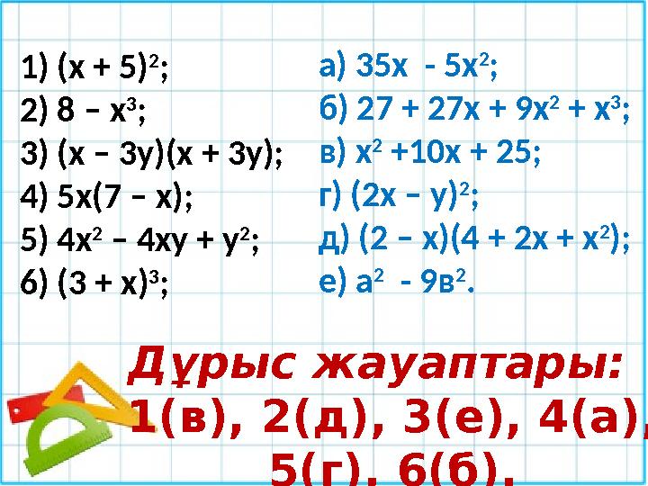 1) (х + 5) 2 ; 2) 8 – х 3 ; 3) (х – 3у)(х + 3у); 4) 5х(7 – х); 5) 4х 2 – 4ху + у 2 ; 6) (3 + х) 3 ; а