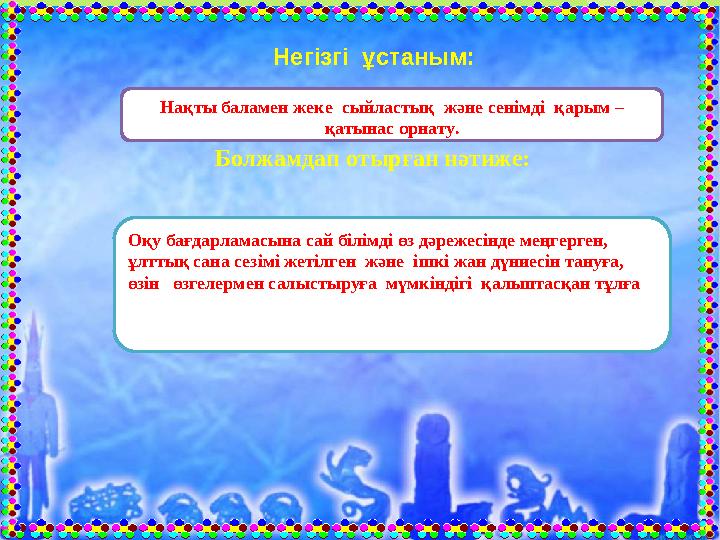 Нақты баламен жеке сыйластық және сенімді қарым – қатынас орнату. Негізгі ұстаным: Болжамдап отырған нәтиже: Оқу бағдарлам