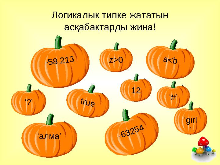 Логикалық типке жататын асқабақтарды жина! 12 -63254 -58,213 ‘?’ ‘girl ’ ‘алма’ ‘#’ z>0 a<b true