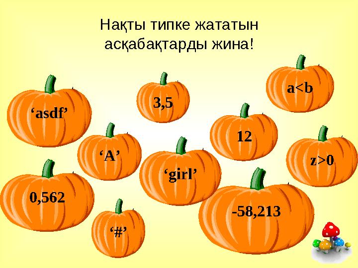 Нақты типке жататын асқабақтарды жина! 3,5 12 -58,213 ‘girl’ 0,562 ‘asdf’ ‘#’ z>0 ‘A’ a<b