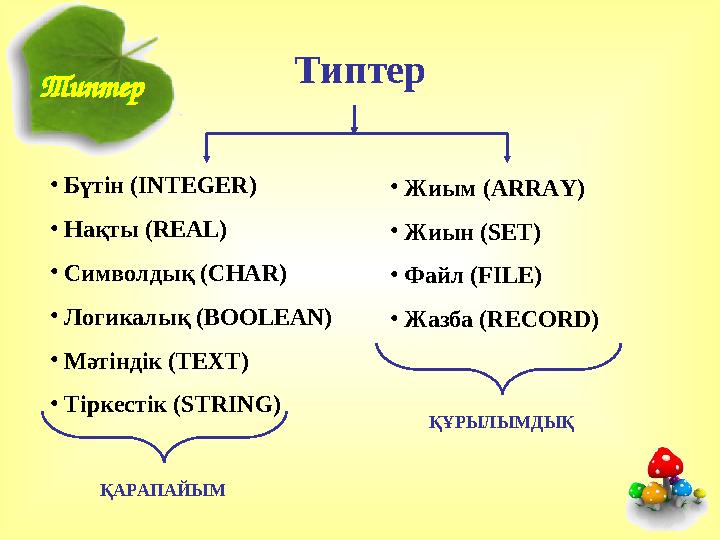 Типтер • Бүтін (INTEGER) • Нақты (REAL) • Символдық (CHAR) • Логикалық (BOOLEAN) • Мәтіндік (TEXT) • Тіркестік (STRING) • Жиым (