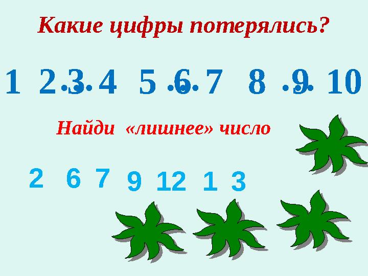 … … … Какие цифры потерялись? 3 5 61 2 4 7 8 9 10 Найди «лишнее» число 2 6 7 9 12 1 3