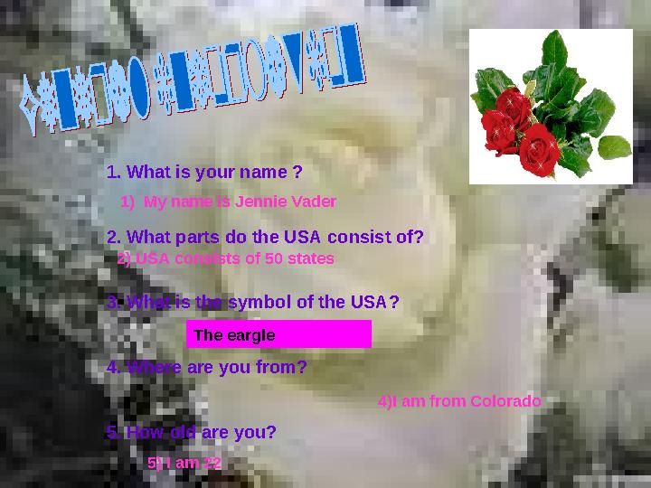 1) My name is Jennie Vader 4)I am from Colorado 5) I am 221 . What is your name ? 2. What parts do the USA consist of? 3. What