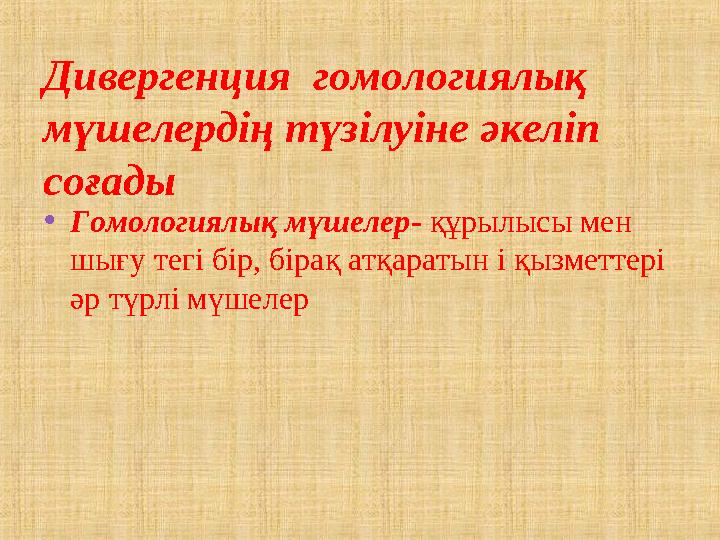 Дивергенция гомологиялық мүшелердің түзілуіне әкеліп соғады •Гомологиялық мүшелер- құрылысы мен шығу тегі бір, бірақ атқара