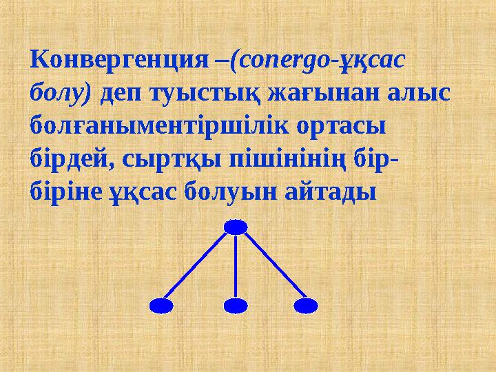 Конвергенция –(conergo-ұқсас болу) деп туыстық жағынан алыс болғаныментіршілік ортасы бірдей, сыртқы пішінінің бір- біріне ұқ