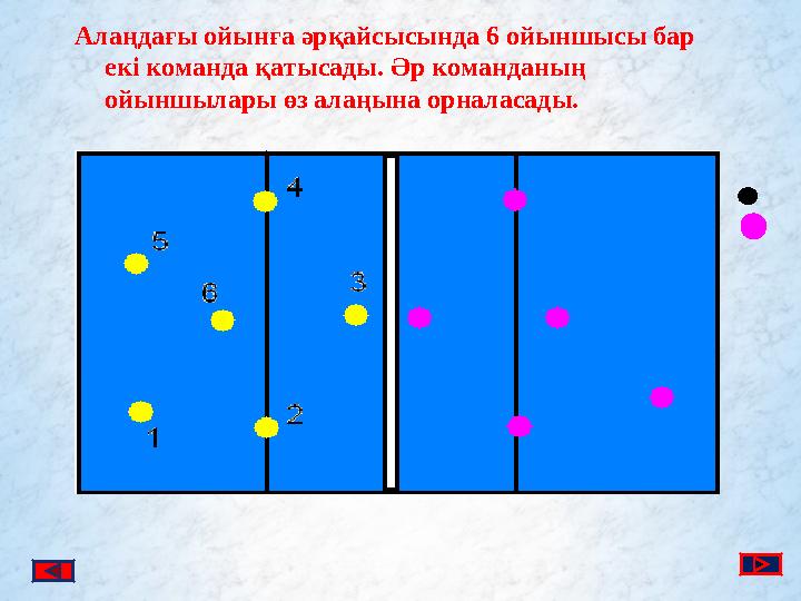 Алаңдағы ойынға әрқайсысында 6 ойыншысы бар екі команда қатысады. Әр команданың ойыншылары өз алаңына орналасады.