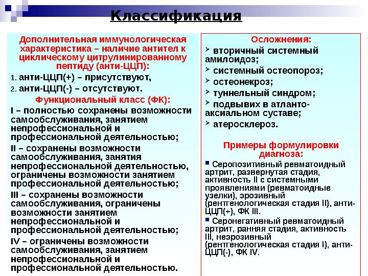 Дополнительная иммунологическая характеристика – наличие антител к циклическому цитрулинированному пептиду (анти-ЦЦП): 1. ант