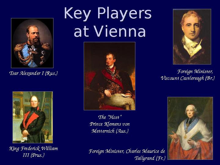 Key Players at Vienna Key Players at Vienna The “Host” Prince Klemens von Metternich (Aus.) Foreign Minister, Viscount Castl