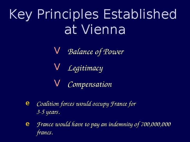 Key Principles Established at Vienna Key Principles Established at Vienna VBalance of Power VLegitimacy VCompensation VBalance
