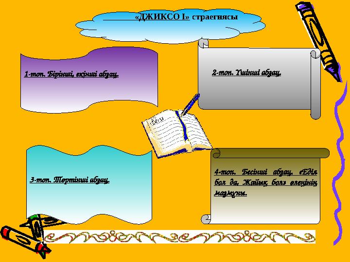 1-топ. Бірінші, екінші абзац. 2-топ. Үшінші абзац. 4-топ. Бесінші абзац. «Еділ бол да, Жайық бол» өлеңінің мазмұны. 3-топ. Төр