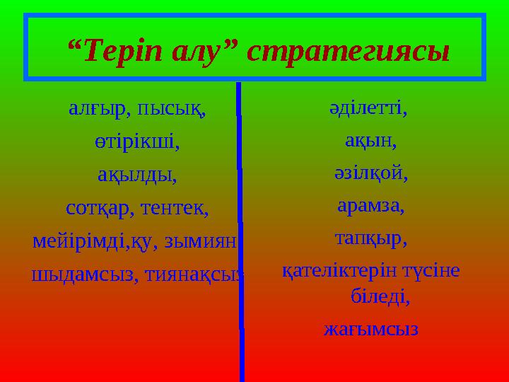 “Теріп алу” стратегиясы алғыр, пысық, өтірікші, ақылды, сотқар, тентек, мейірімді,қу, зымиян, шыдамсыз, тиянақсыз әділетті, ақ