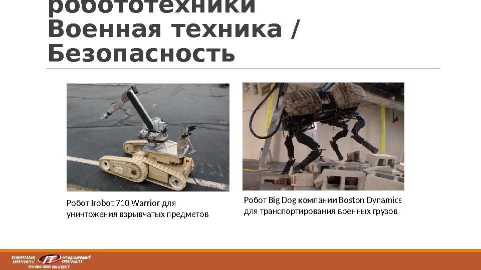 Области применения робототехники Военная техника / Безопасность Робот Big Dog компании Boston Dynamics для транспортирования