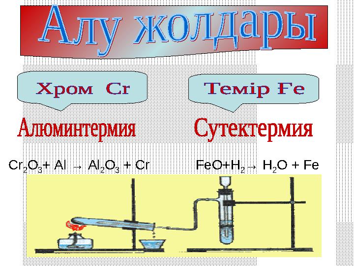 Cr 2 O 3 + Al → Al 2 O 3 + Cr FeO+H 2 → H 2 O + Fe