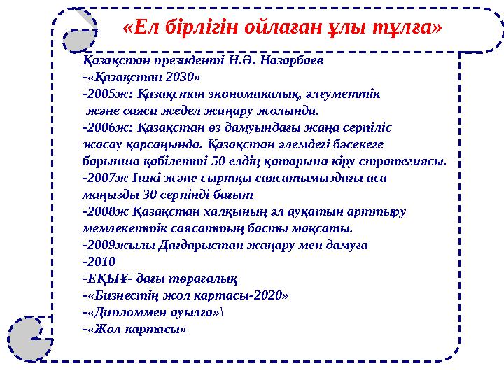 Қазақстан президенті Н.Ә. Назарбаев -«Қазақстан 2030» -2005ж: Қазақстан экономикалық, әлеуметтік және саяси жедел жаңару жолынд