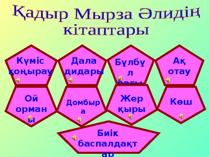 Күміс қоңырау Дала дидары Бұлбұ л бағы Ақ отау Ой орман ы Домбыр а Жер қыры Көш Биік баспалдақт ар