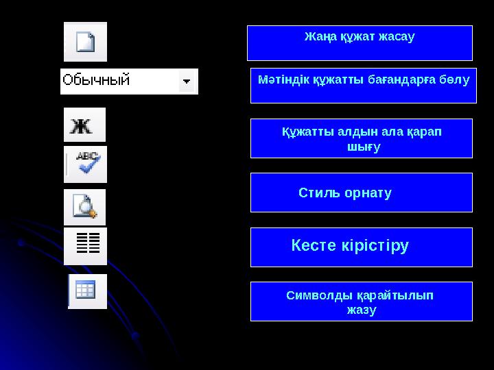 Дұрыс жазуды тексеру Мәтіндік құжатты бағандарға бөлу Құжатты алдын ала қарап шығу Символды қарайтылып жазу Стиль орнату Кесте
