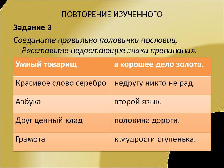 Задание 3 Соедините правильно половинки пословиц. Расставьте недостающие знаки препинания. ПОВТОРЕНИЕ ИЗУЧЕННОГО